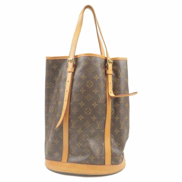 Louis Vuitton Bucket GM features a monogram canvas body with leather trim, flat leather shoulder straps
