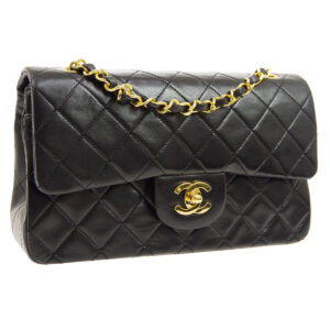 Chanel Timeless black leather, double flap, double chain quilted effect, gold plated metal attributes. Hologram available.