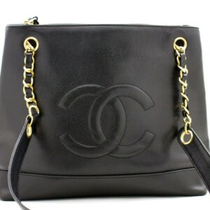 CHANEL Large Chain Shoulder Bag Caviar Black Leather Gold Zipper