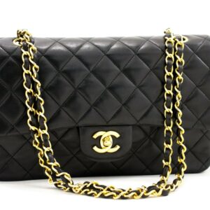 CHANEL Authentic 2.55 Double Flap 10" Chain Shoulder Bag Black Lambskin